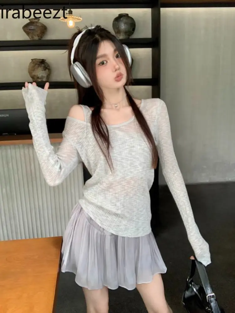 Fake Two-piece Gray Long-sleeved Sweater Women's Autumn Silk Temperament Hollow Thin Blouse Chic Top Loose Fit Tshirt