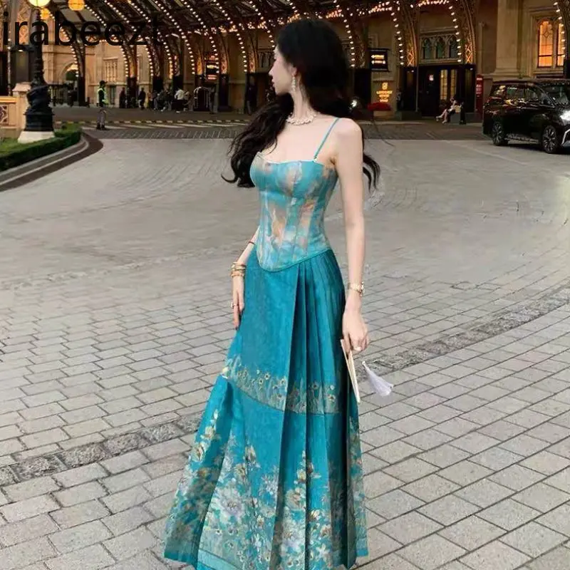 National Style New Chinese Blue Fishbone Vest Halter Printed Horse Skirt Hanfu Two-piece Set Costume Deux Pieces Femme