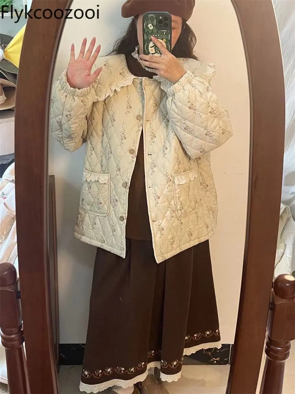 2025 New Loose Casual Doll Collar Big Lapel Splicing Diamond Lattice Floral Cotton-padded Coat Female Autumn and Winter Jacket