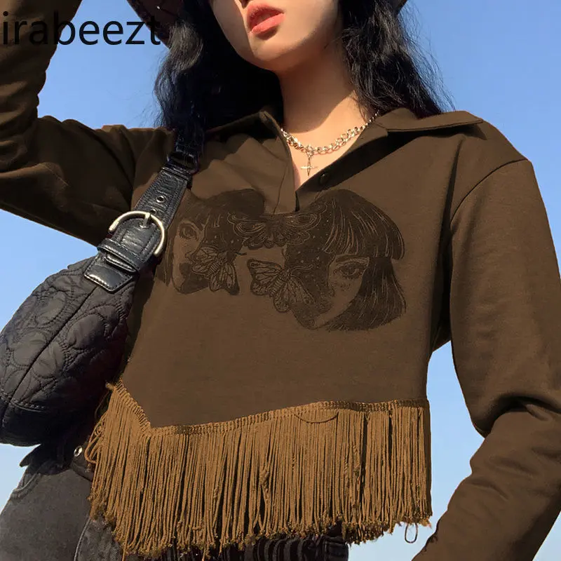 Women Fringe Design Loose Short Top Streetwear American Retro Western Cowboy Niche Polo Collar Long-sleeved T-shirt