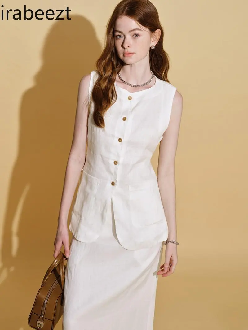 Linen Set Summer 2025 Elegant Vest & Slit Skirt 2 Piece Outfit Breathable Loose Fit Casual Wear Conjuntos Feminino Elegante