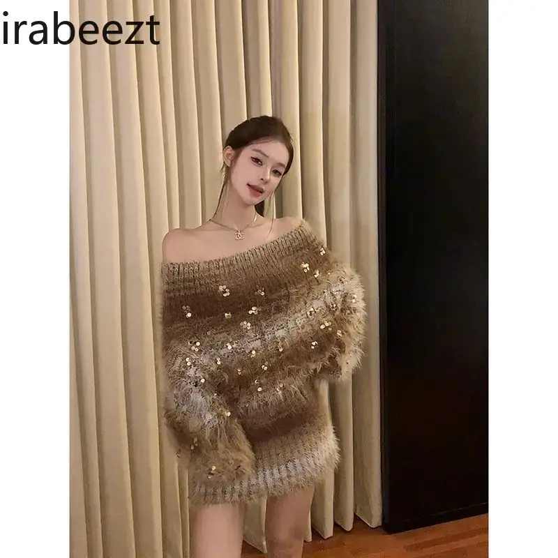 Vintage Sequin Knit Ladies Fall/Winter Fashion Sweater Dress Blusas Tricot Feminina Inverno Regulai Fit Pull Coreen
