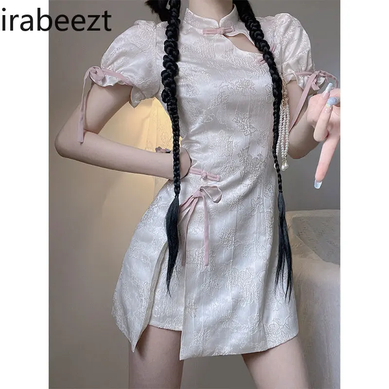 Small Spice Girl Sweet And Spicysexy Wrap Hip Robe New Chinese Style Retro Improved Short-sleeved Cheongsam White Dress