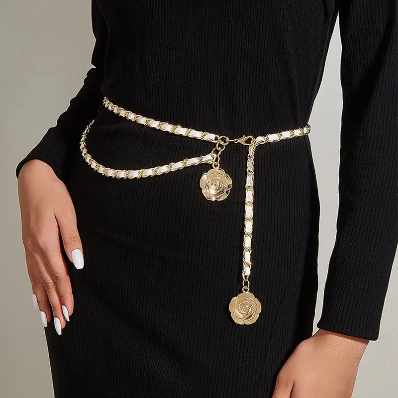 Hot Chain Belts For Women Round Flower Pendant Strap Rope Female Fine Waistband Dress Shirt Decoration Waist Closing Belt