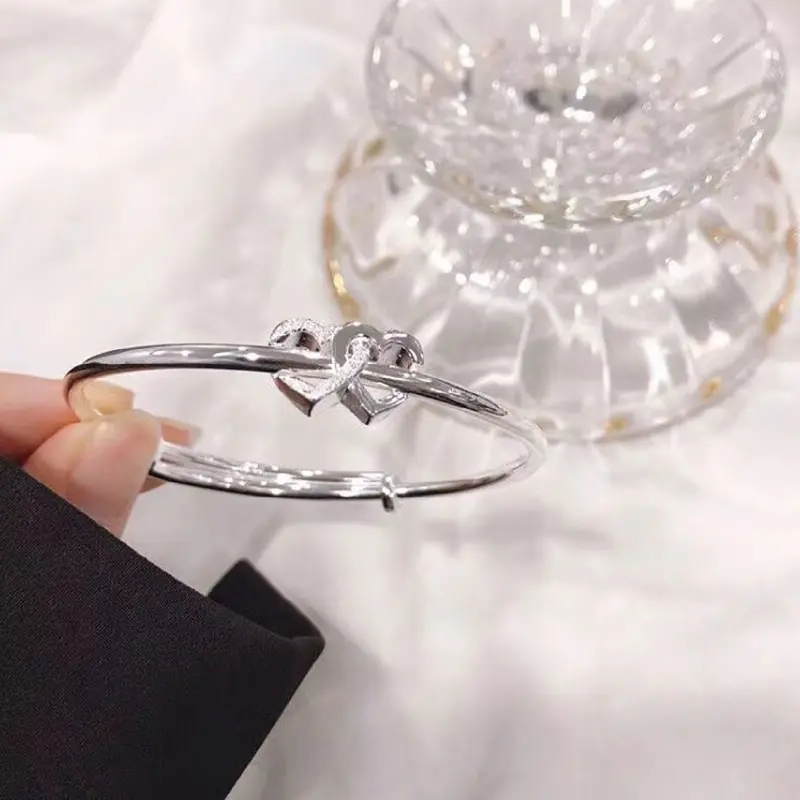 Fashion Double Heart Adjustable Bangle Silver Color Personality Simple Bracelet for Women Girls Friendship Jewelry Gifts