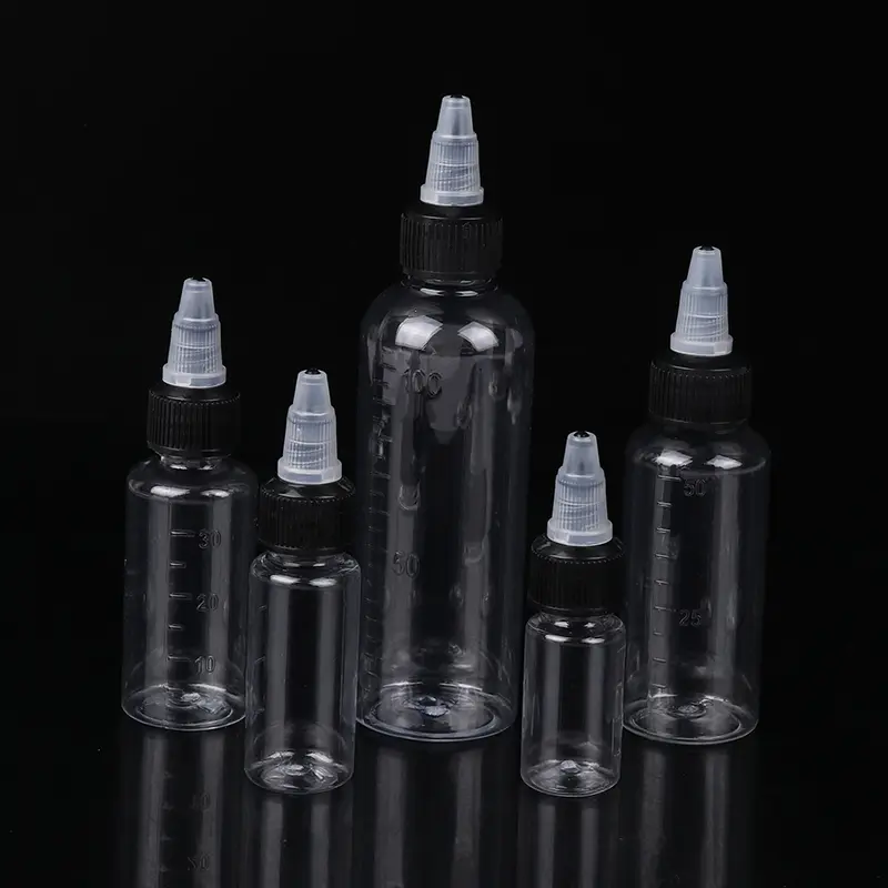 Transparent PET Squeeze Dispensing Bottle With Graduated 10/20/30/50/100ml Empty Hair Dye Refillable For Tattoo Pigment