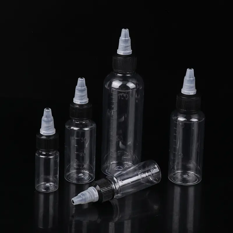 Transparent PET Squeeze Dispensing Bottle With Graduated 10/20/30/50/100ml Empty Hair Dye Refillable For Tattoo Pigment