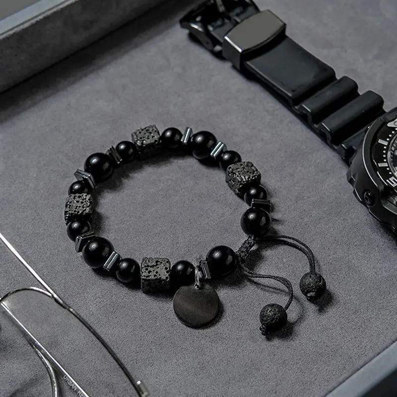 Black Bracelet Lava Square Volcanic Stone Men's Matte Glass Beads Adjustable Charm