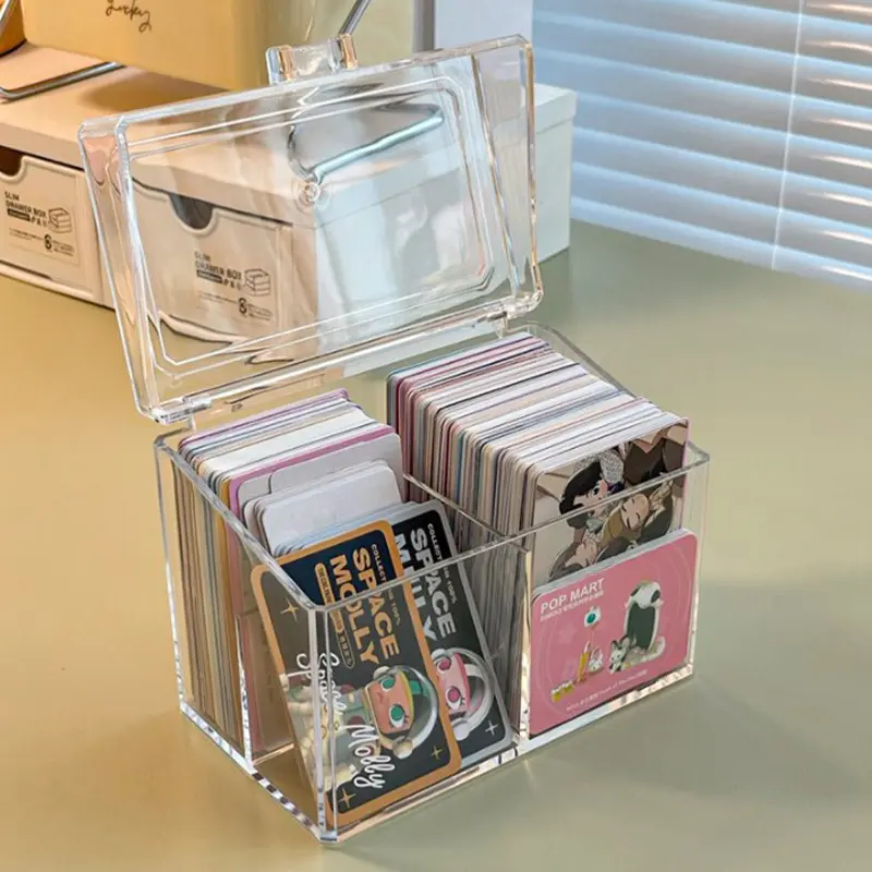 Flip Lid Game Card Organizer With 2 Compartments Acrylic Transparent Holder Postcards Case Empty Storage Box 12x10.5cm