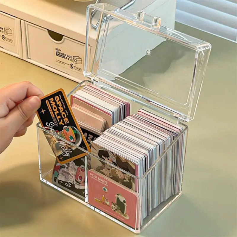 Flip Lid Game Card Organizer With 2 Compartments Acrylic Transparent Holder Postcards Case Empty Storage Box 12x10.5cm