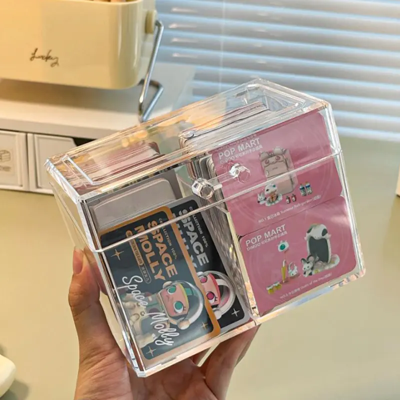 Flip Lid Game Card Organizer With 2 Compartments Acrylic Transparent Holder Postcards Case Empty Storage Box 12x10.5cm