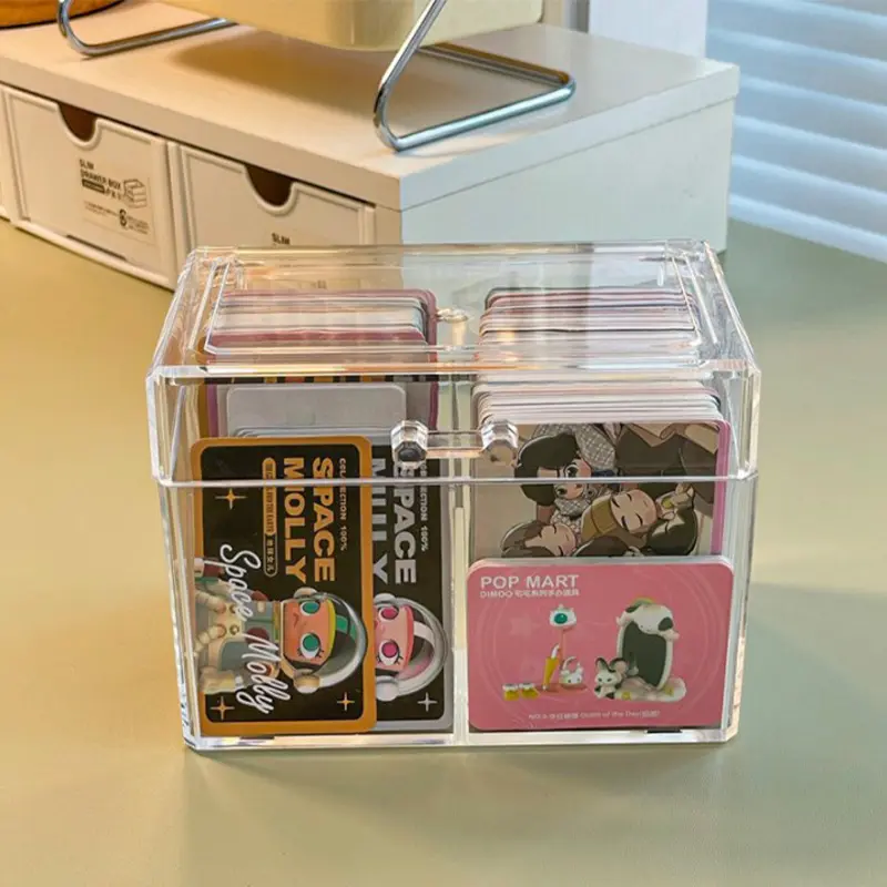 Flip Lid Game Card Organizer With 2 Compartments Acrylic Transparent Holder Postcards Case Empty Storage Box 12x10.5cm