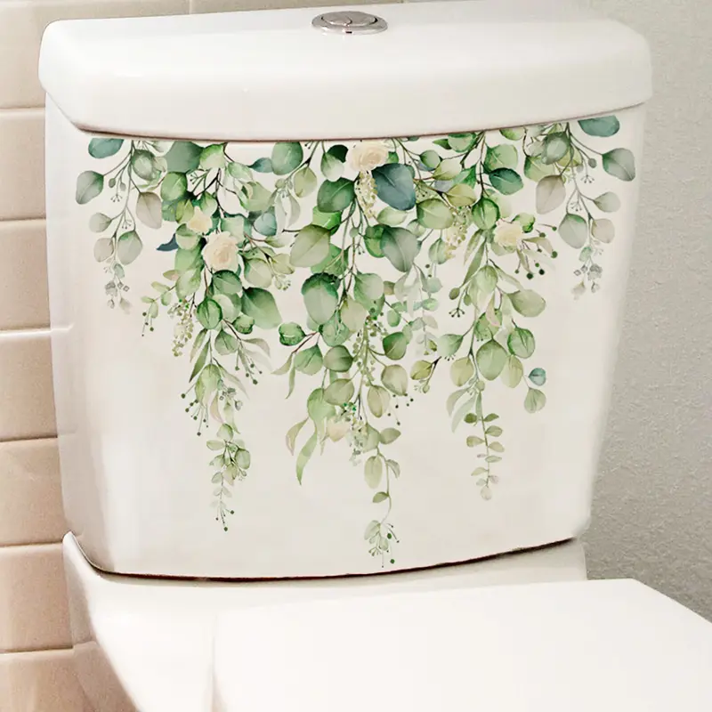 Removable Green Plant Leaves Bathroom Toilet Sticker Living Room Cabinet Home Decoration Decals PVC Adhesive Mural Wall