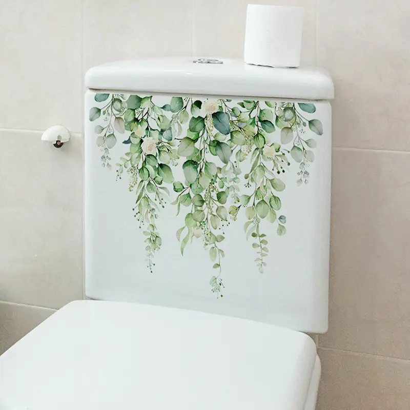 Removable Green Plant Leaves Bathroom Toilet Sticker Living Room Cabinet Home Decoration Decals PVC Adhesive Mural Wall