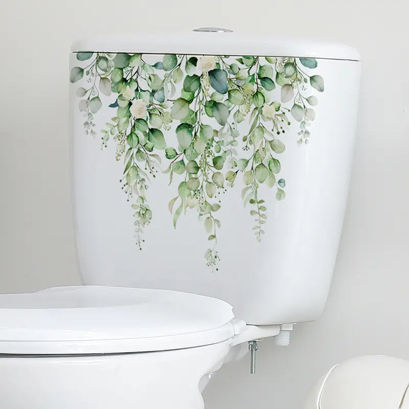 Removable Green Plant Leaves Bathroom Toilet Sticker Living Room Cabinet Home Decoration Decals PVC Adhesive Mural Wall