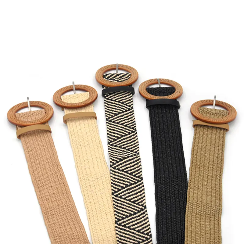 Summer Women Elastic Belt Round Buckle Vintage Boho Straw Woven Dress