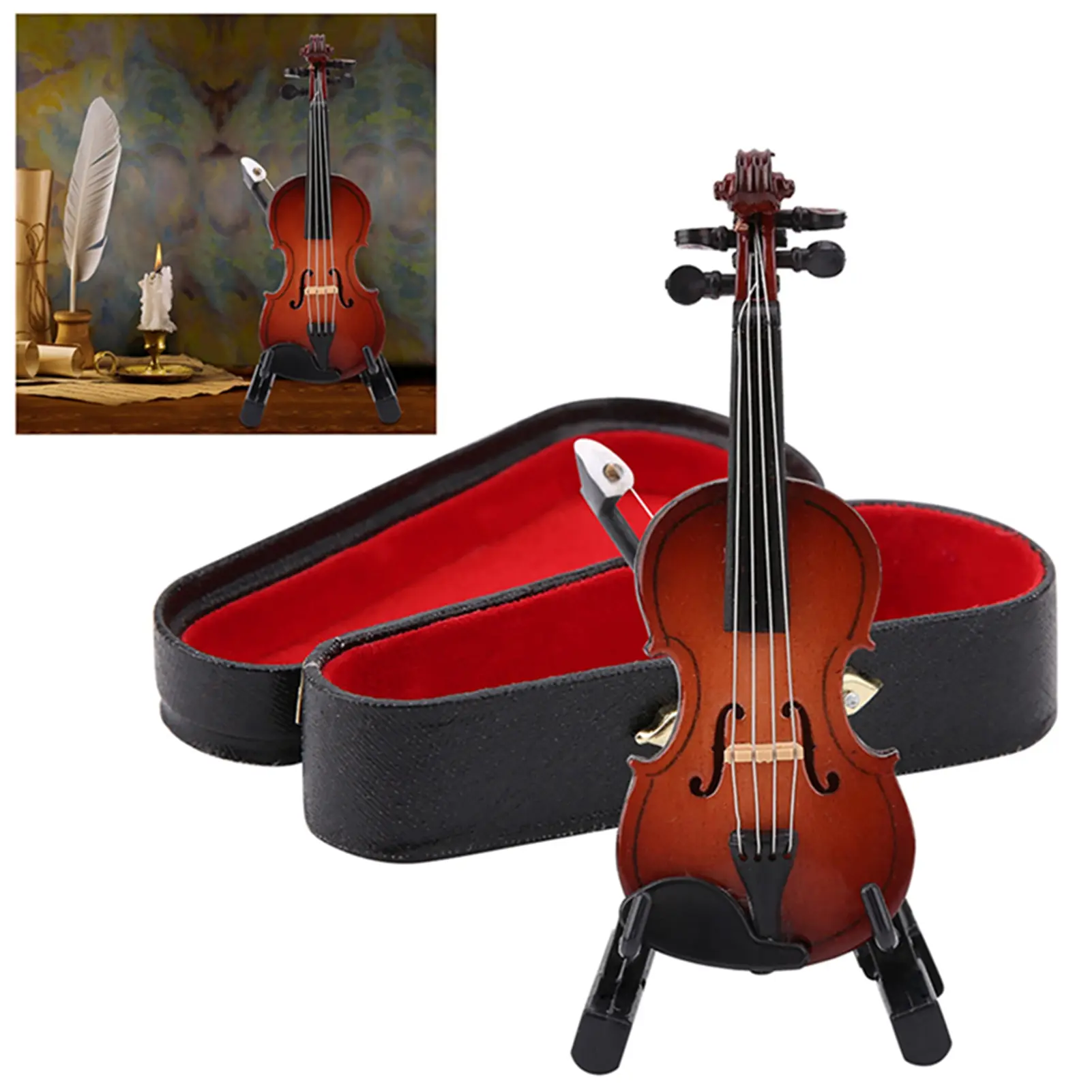 Musical Instrument Model Miniature Violin Model with Stand Case Dollhouse Accessories  Musical Instrument Decor Gift