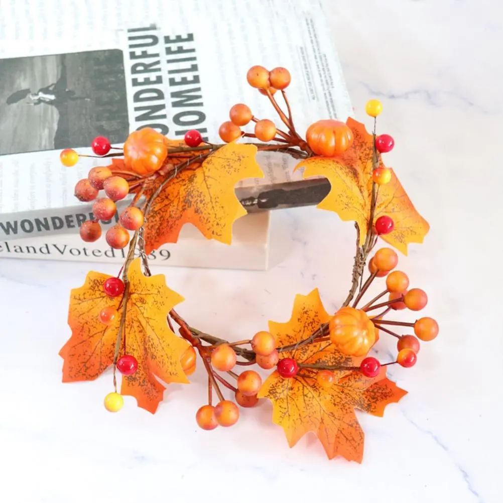 Candle Holder Rings Wreath Maple Leaf  Wreath Artificial Candle Holder Rings Wreath for Thanksgiving Halloween Decoration