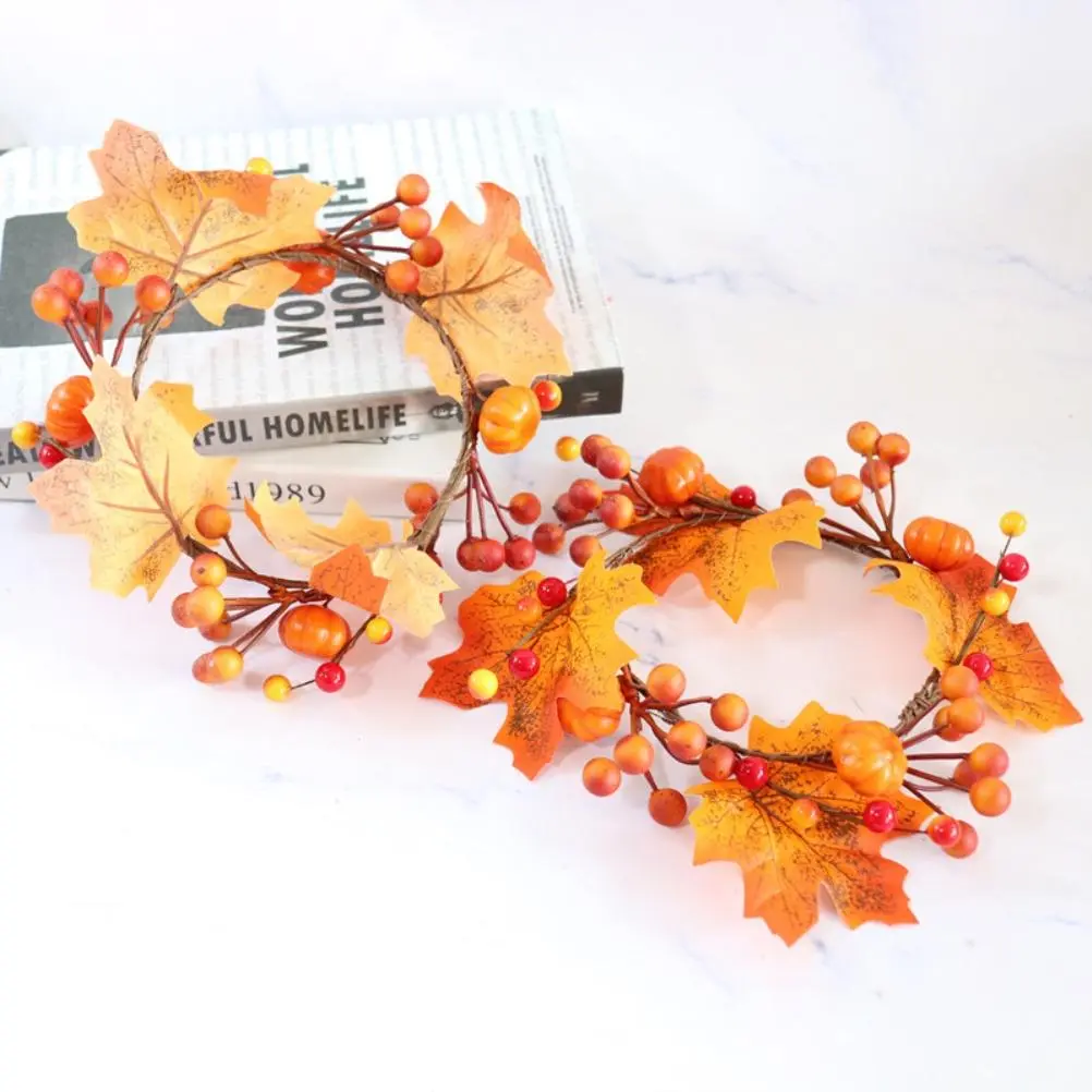 Candle Holder Rings Wreath Maple Leaf  Wreath Artificial Candle Holder Rings Wreath for Thanksgiving Halloween Decoration