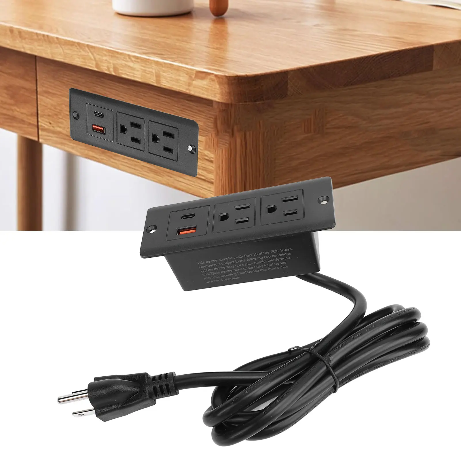 Recessed Power Strip US Standard 125V 12A 1.5m Cord 2 Outlets Versatile 2 USB Ports Desk Outlet 1500W for Mechanical Equipment
