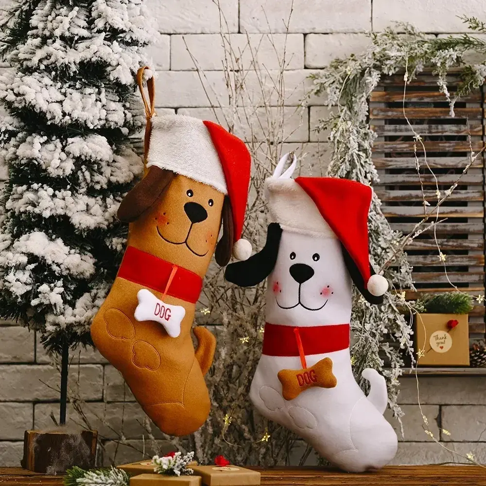 Dog Bone Shape Christmas Stockings Christmas Gift Bag Tree Fireplace Decoration Socks New Year Candy Gifts for Kids Pet