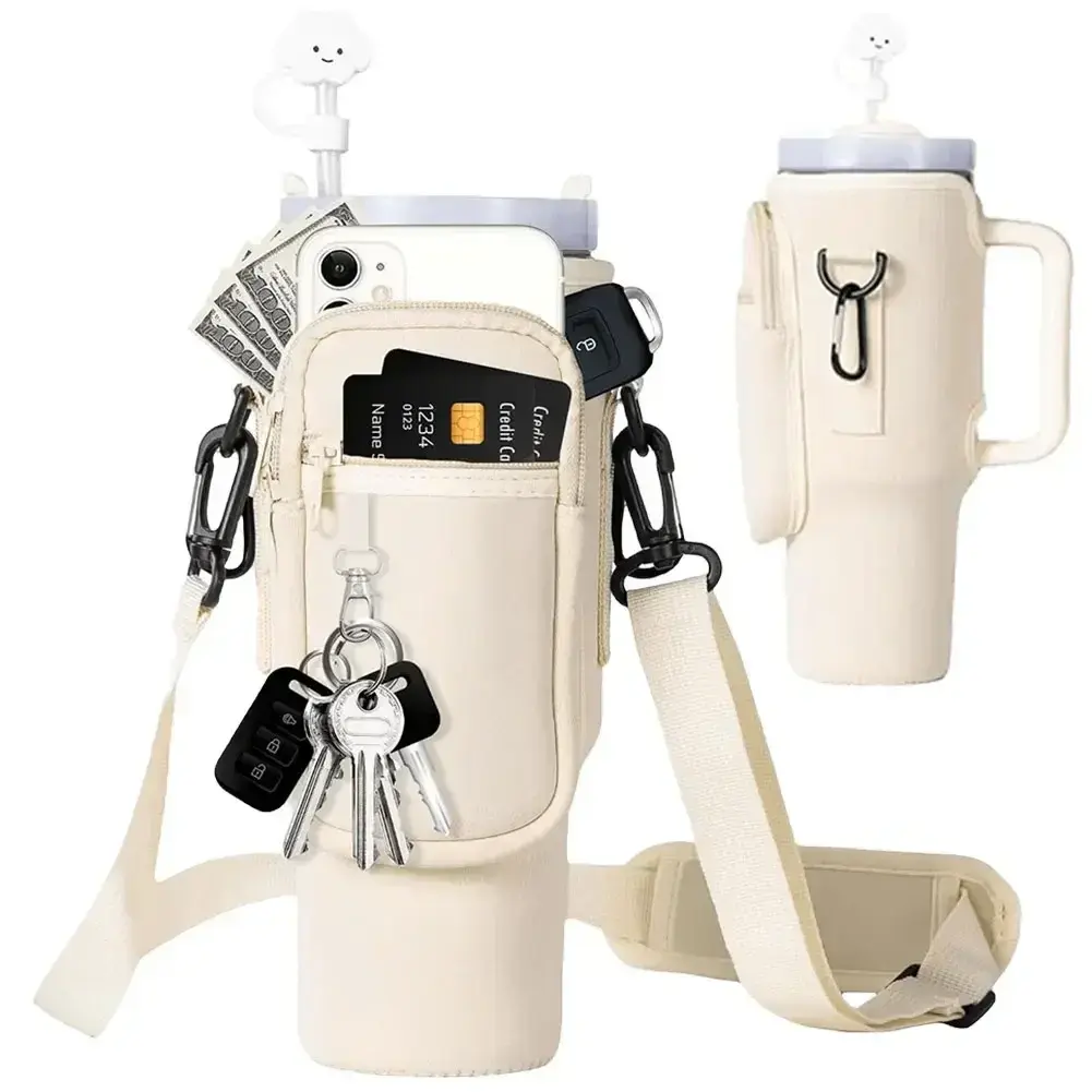 40oz Neoprene Water Bottle Carrier Bag for Stanley Quencher Cup Sleeve with Adjustable Shoulder Strap Water Bottle Holder Pouch