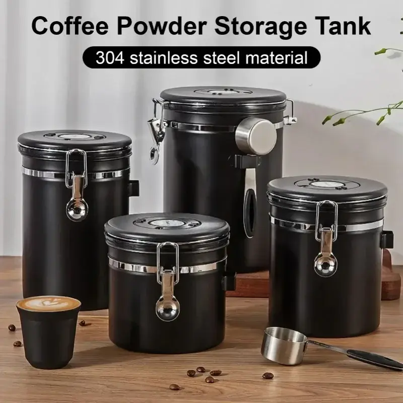 304 Stainless Steel Coffee Beans Vacuum Storage Jar with Spoon Large Capacity Airtight Container Grains Nut Keep Fresh Storage