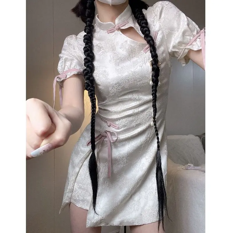 New Chinese Floral Bodycon Dress Women Summer Sweet & Sexy Mini Qipao Style Short Robe Petite Retro Sexy Cheongsam