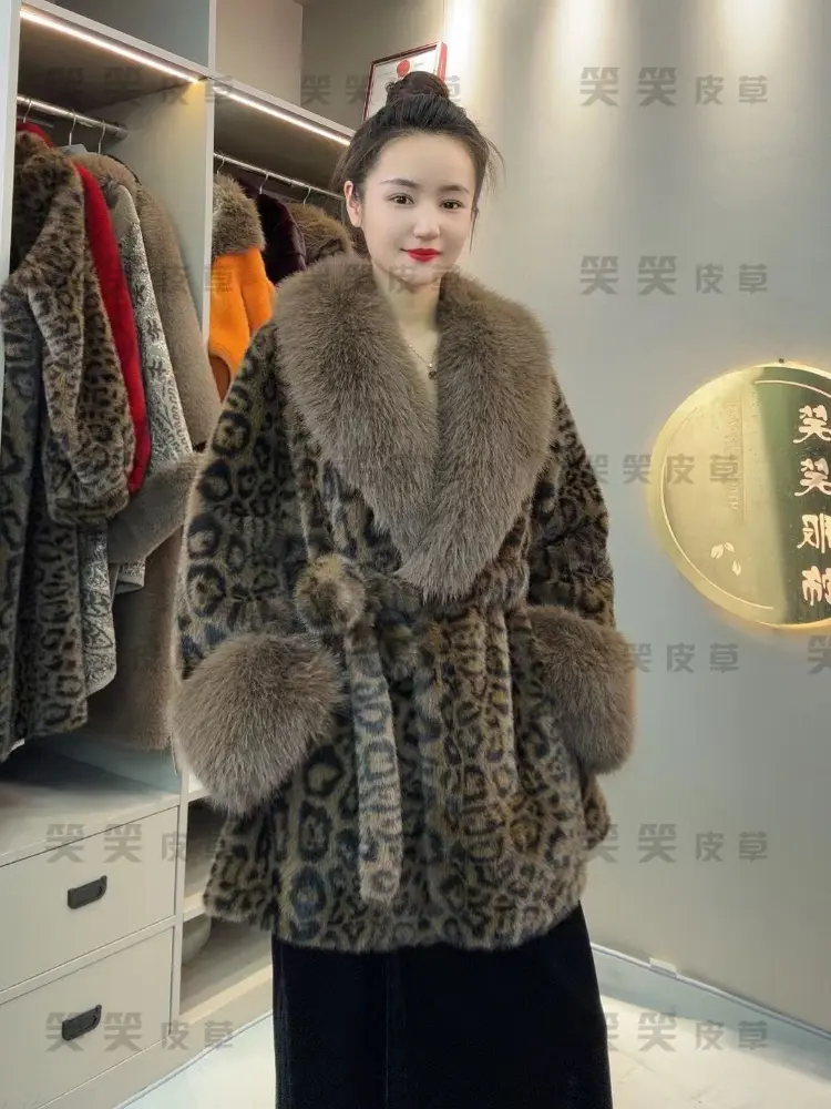 2025 Faux Fur Leopard Coat Women Jacket V-Neck Long Sleeves Outwear Female Fashion Clothes Jaqueta Feminina Inverno Шуба Женская