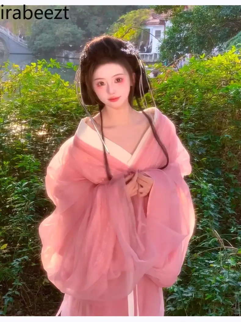 Pink Cross Collar Costume Wei Jin Dynasty Straight Hem Warring States Robe Chinese Traditional Dress for Women