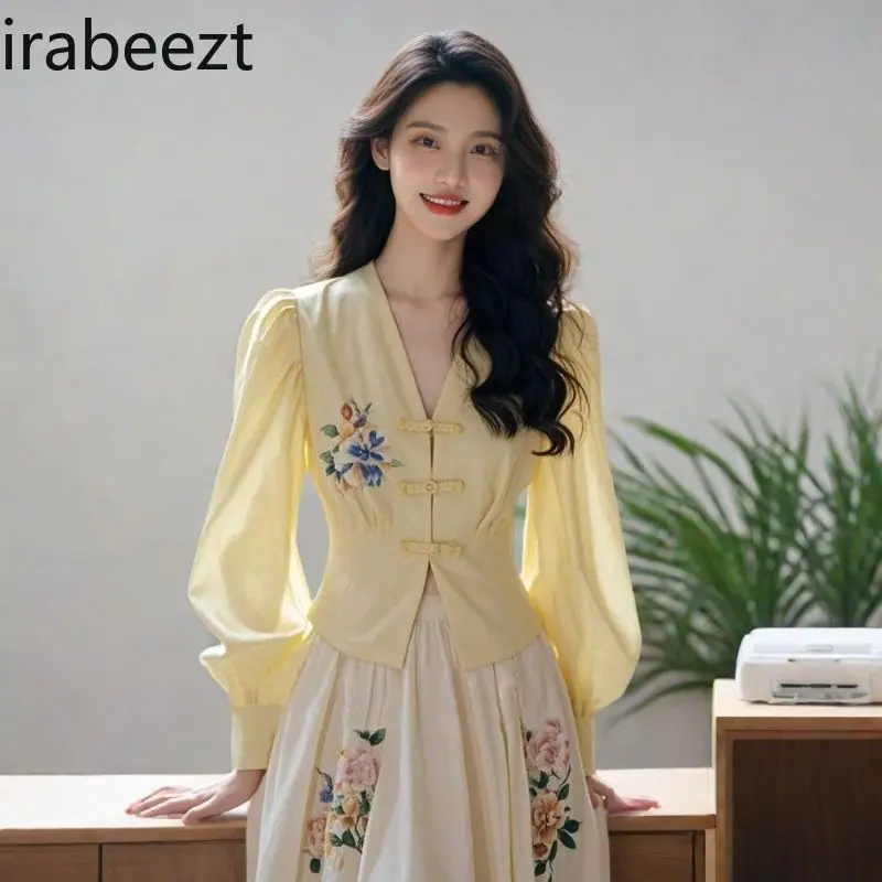 Chinese Style Early Autumn 2-Piece Office Set Mid-Length Embroidered Blouse & Skirt Slim Fit Versatile Layering Outfit for Women