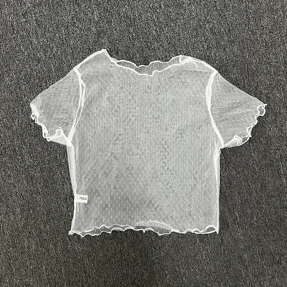 Fashion See Through High Stretch Lace Undercoat Women's Summer Thin Short-sleeved T-shirt Ruffle Edge Hollow Vintage Mesh Top