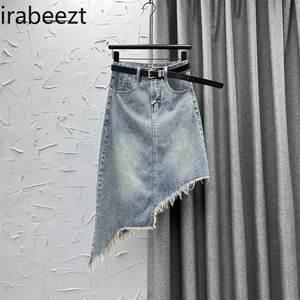 Women's High Waist Denim A-Line Skirt Summer Vintage Slim Fit Asymmetrical Hem Raw Edge Midi Pencil Skirt Casual Streetwear