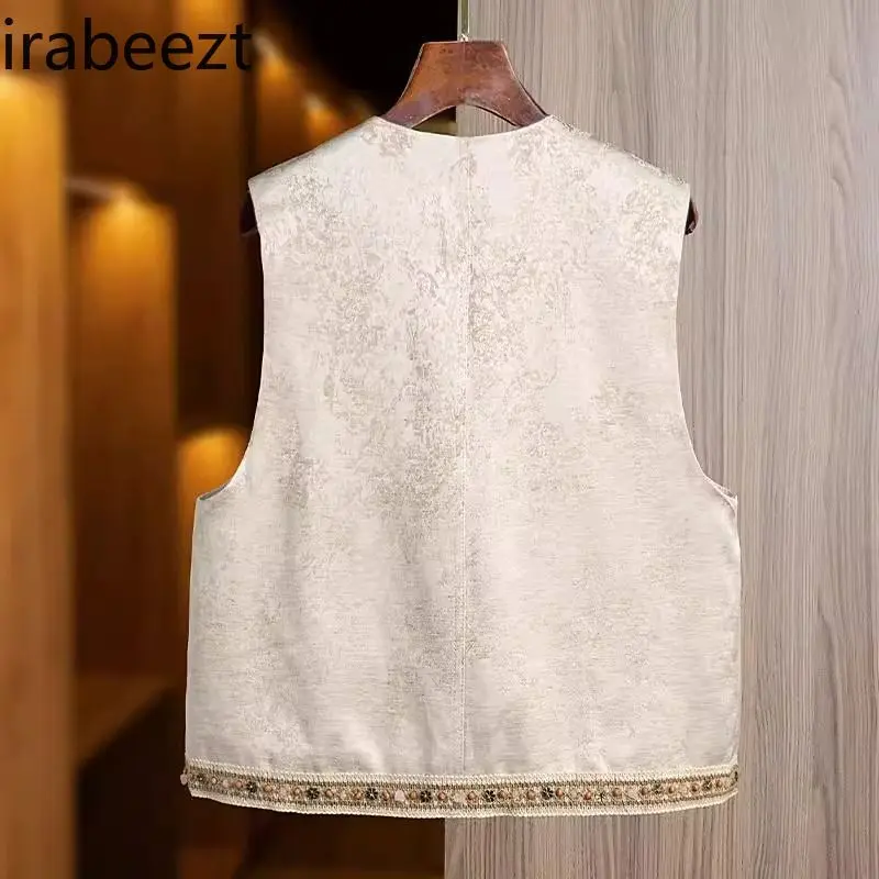 2025 New Chinese Style Embroidered Vest Women's Spring Vintage Ethnic Boho Jacket Round Neck Beaded Oriental Lace-Up Blouse Top