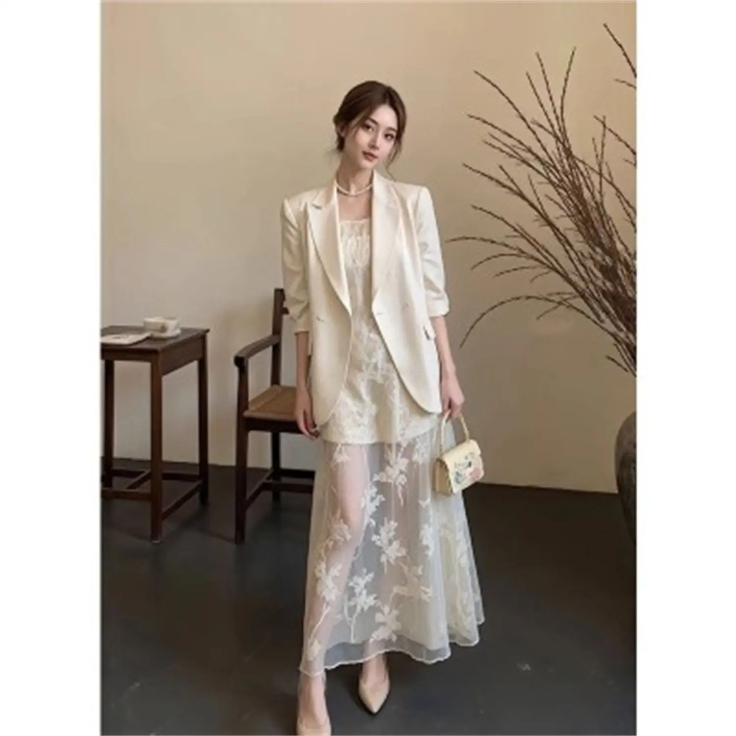 Women's French Style Two-Piece Set - White Blazer & Strapless Dress Spring Elegant Chic Outfit for Mature Women