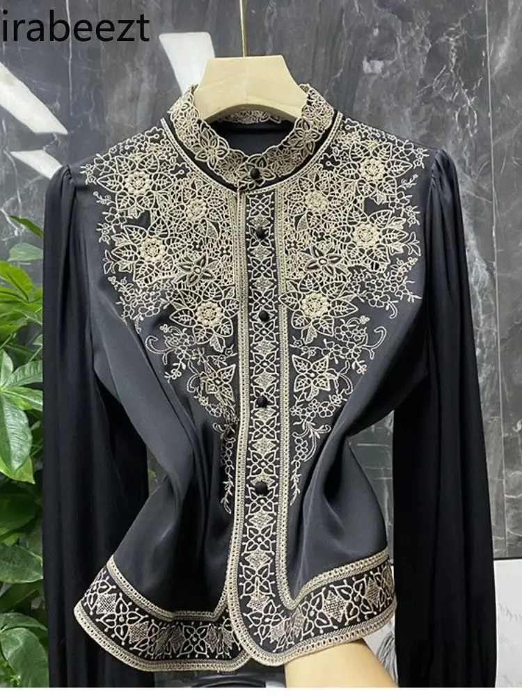 Elegant Embroidered Blouse Women's 2025 Spring New Arrival  Style Stand Collar Hollow Out Chiffon Shirt Lady High-End