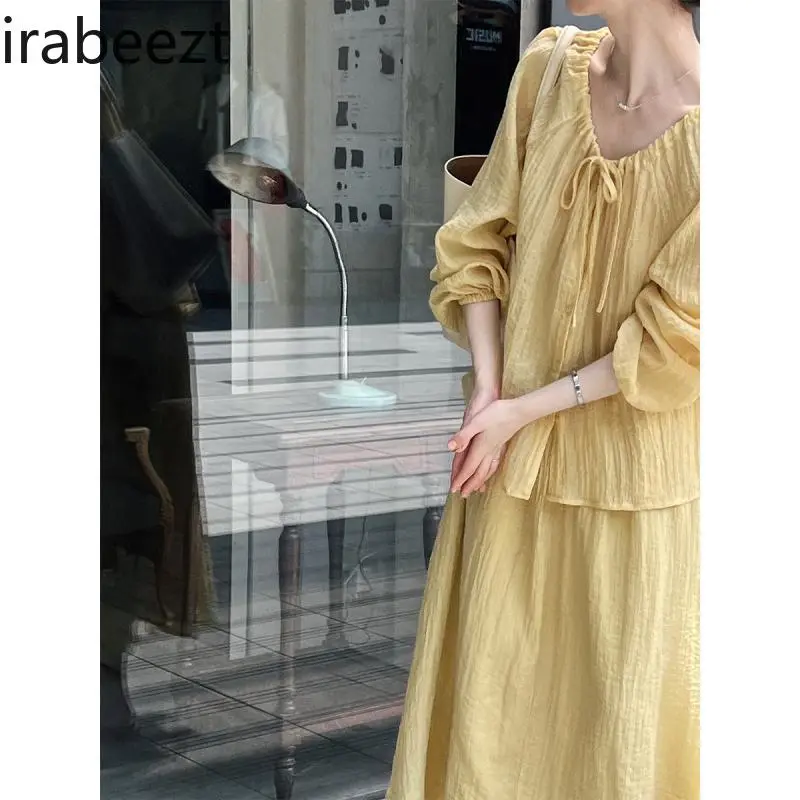 Women's Pink V-neck Blouse & Skirt Set Chinese Style Drawstring Tie Summer Outfit with Sun Protection Tummy Silhouette