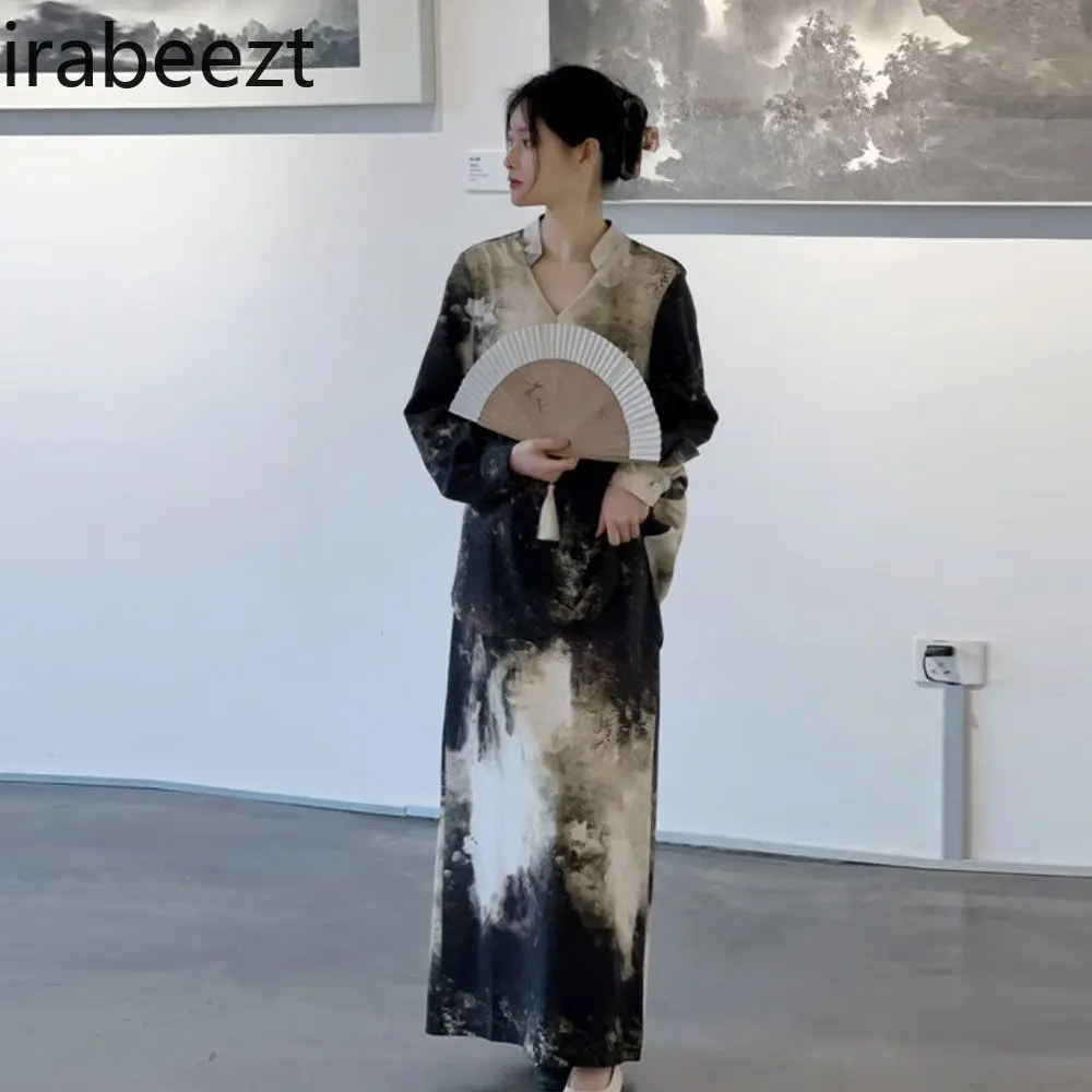 2025 Spring Autumn New Vintage Chinese Style Elegant Youthful Two-Piece Set for Women - Loose Blouse + High-Waist Skirt