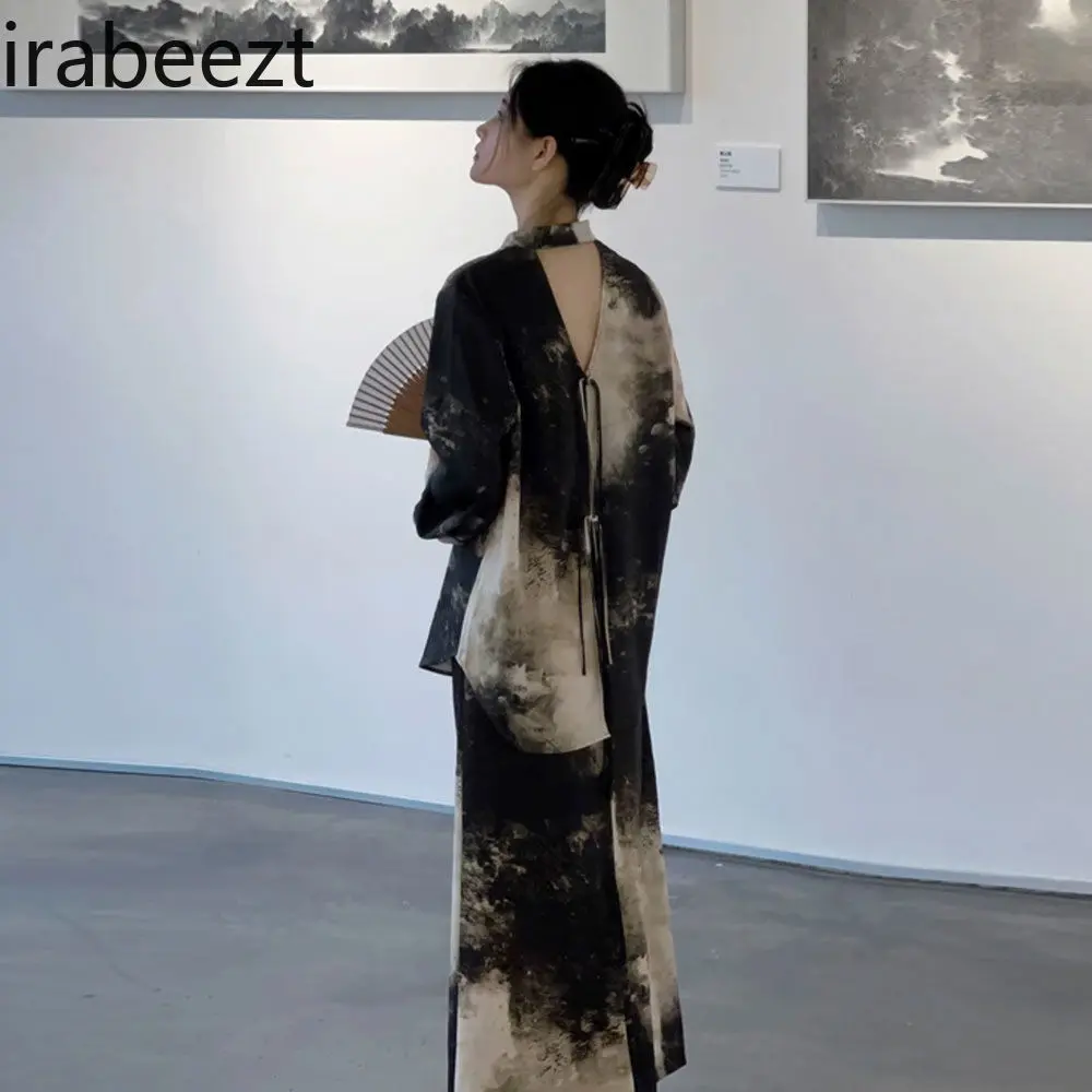 2025 Spring Autumn New Vintage Chinese Style Elegant Youthful Two-Piece Set for Women - Loose Blouse + High-Waist Skirt