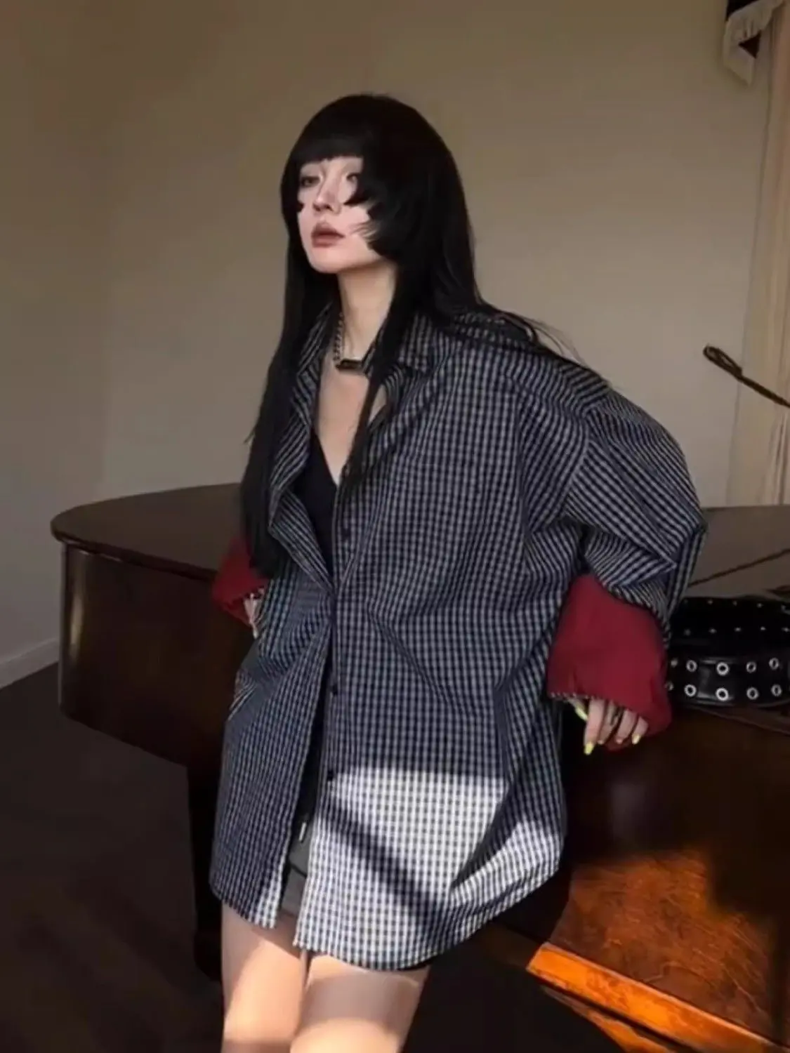 Korean Retro Long-sleeved Contrast Color Stitching Plaid Shirt Female 2025 New Loose Tops Fashionable Temperament Blouse