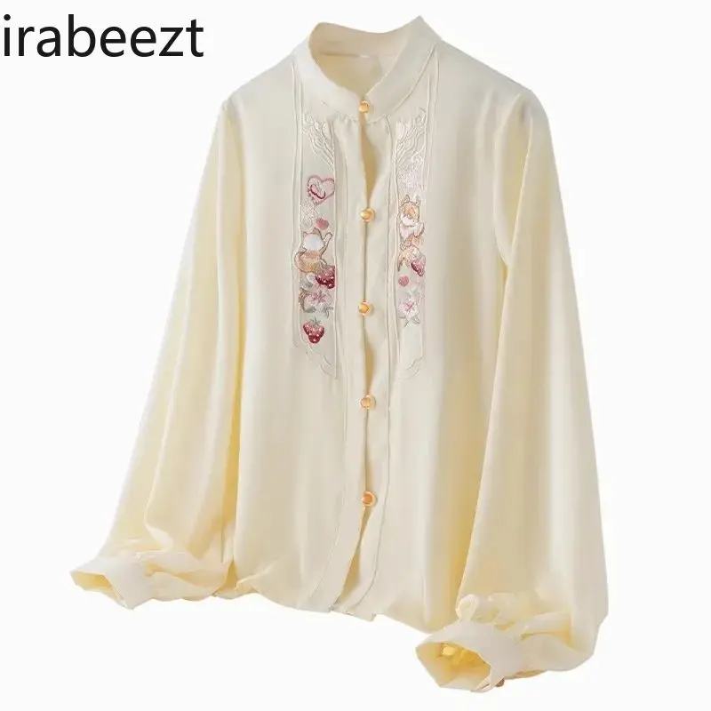 New Chinese Style Blouse Women's Embroidered Stand Collar Asymmetrical Shirt with Peony Print & Slit Cuffs Loose Fit Hanfu Top