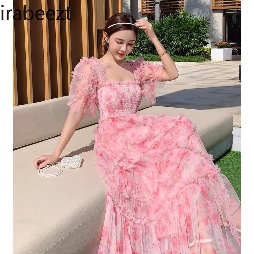 New French Floral Pink Square Neck Bubble Sleeve Robe Summer Boho Ruffle A-Line Gown Vintage Party Evening Formal Dress