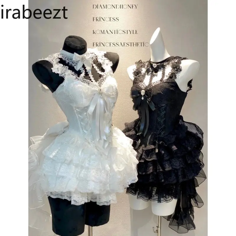 Sweet 2025 Summer Floral Chiffon Tiered Ruffle Sleeveless A-line Mini Cake Dress for Women Pure Y2K Kawaii Party Vestidos