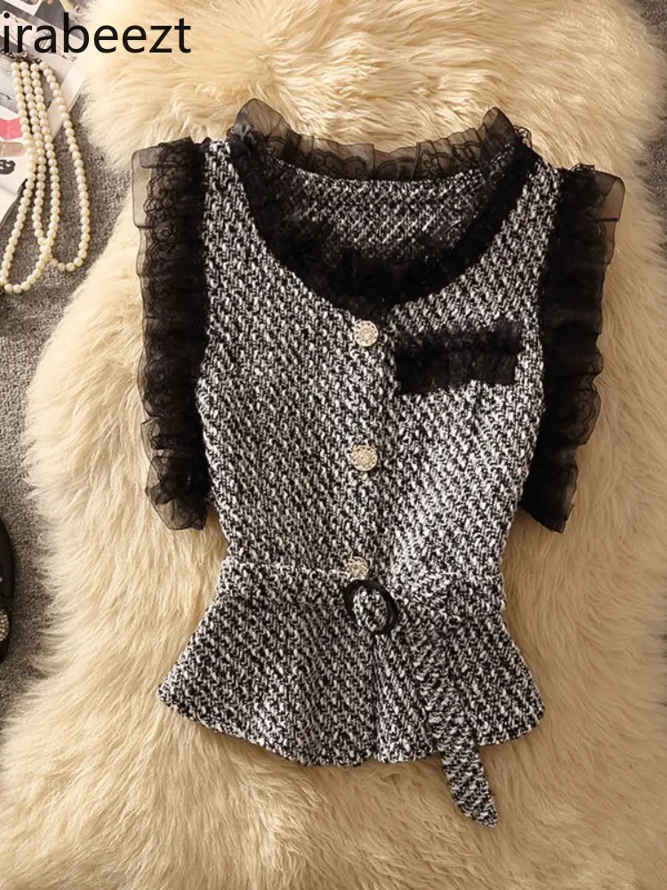 Jaqueta Feminina Inverno French Retro Lace Stitching Tweed Vest for Women Autumn and Winter High-end Chic Short Sleeveless Top