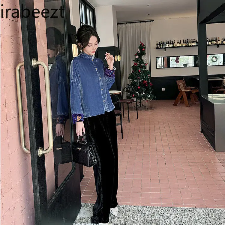 Velvet Short Jacket Women's Elegant Chinese Embroidery Stand Collar Qipao Style Blouse Vintage Button Front Coat