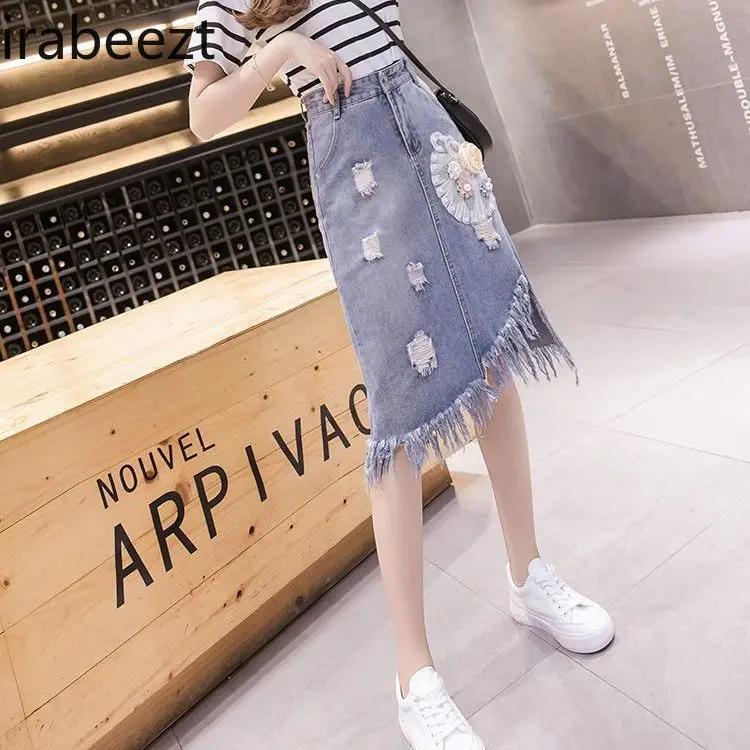 Women's 2025 Spring Summer Denim Midi Skirt Floral Embroidery Fringe Hem Asymmetrical Raw Edge Straight High Waist A-Line Skirt