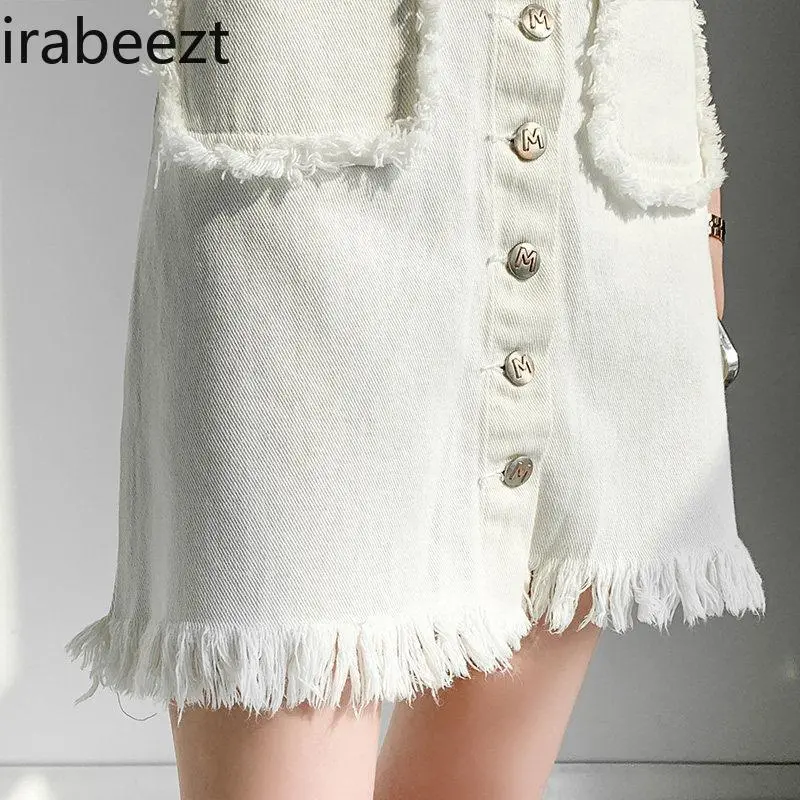 Women's High Waist A-Line White Summer Short Mini Skirt with Raw Hem Button Front Stretch Fitted Casual Streetwear Denim Skirt
