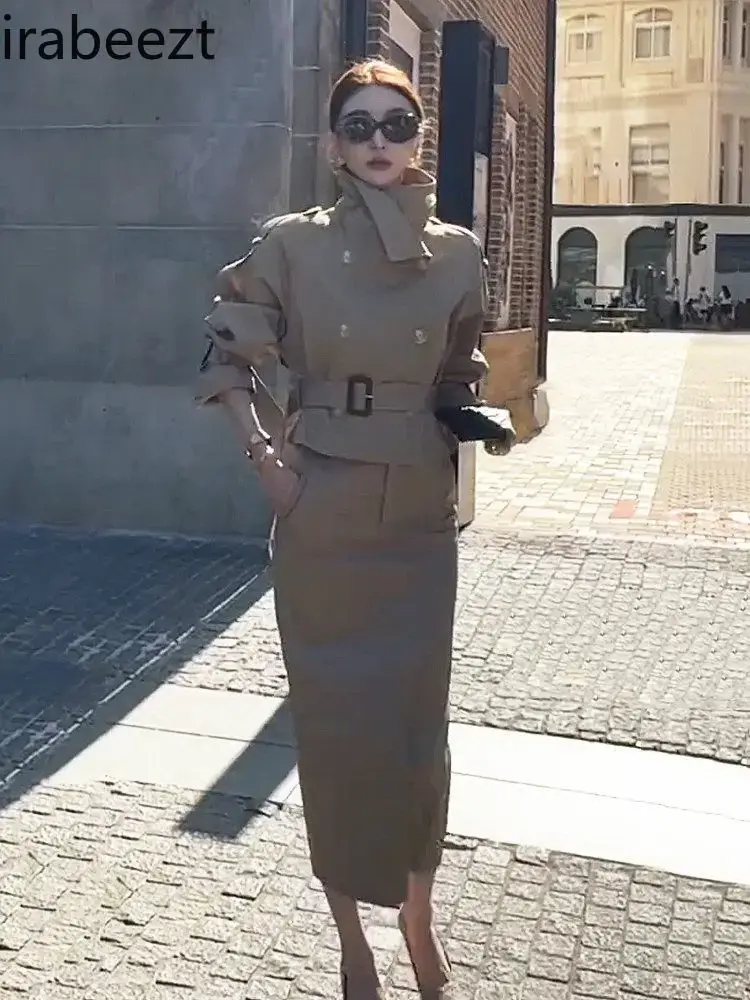 2025 New Fashion Suit Temperament Niche Design Coffee Color Trench Coat High Waist Half Skirt Two-piece Set Blazer Sets