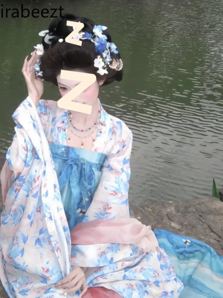 New Chinese Hanfu Dress Women's Summer Blue Floral Print Tang Style Two-Piece Set with Wide Sleeves & High Waist Skirt