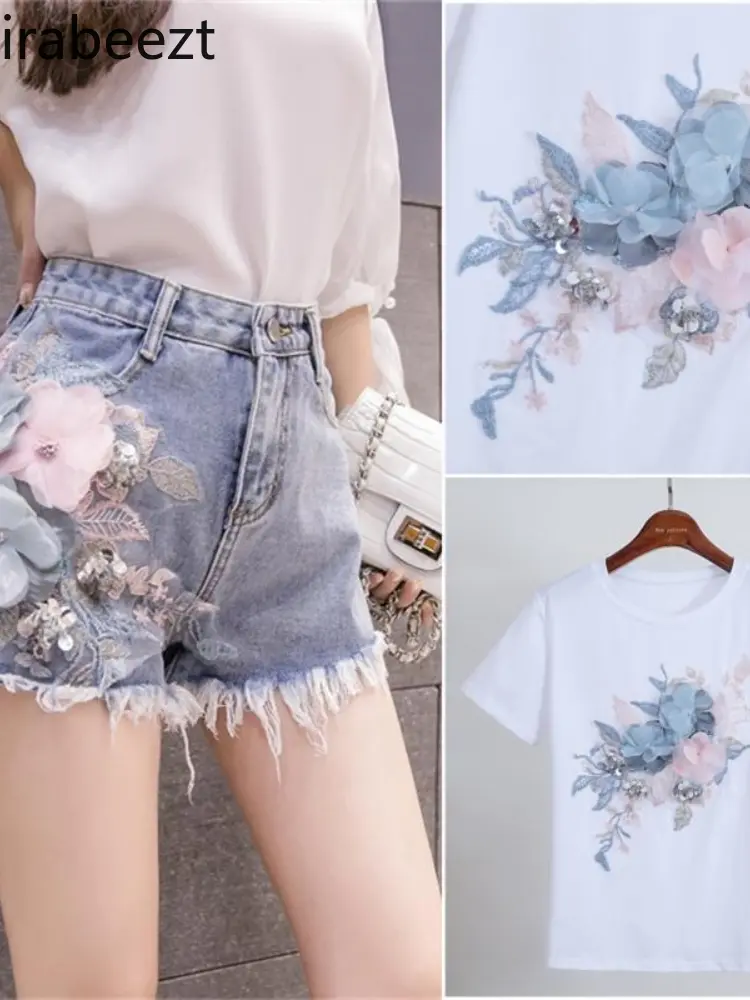 2025 Summer Women's Denim Skirt Set High Waisted Wide Leg Shorts with T-Shirt Casual Fashion Outfit Two Piece Streetwear
